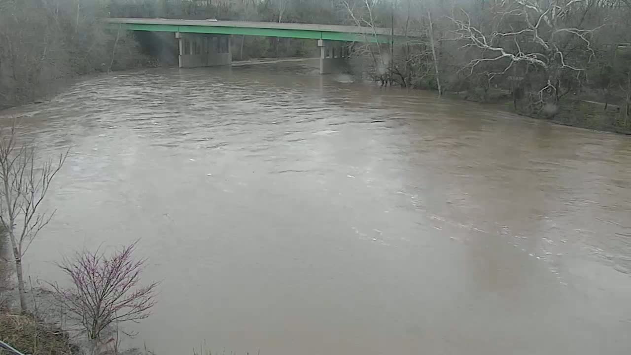 A muddy river flows under a green bridge on an overcast day.