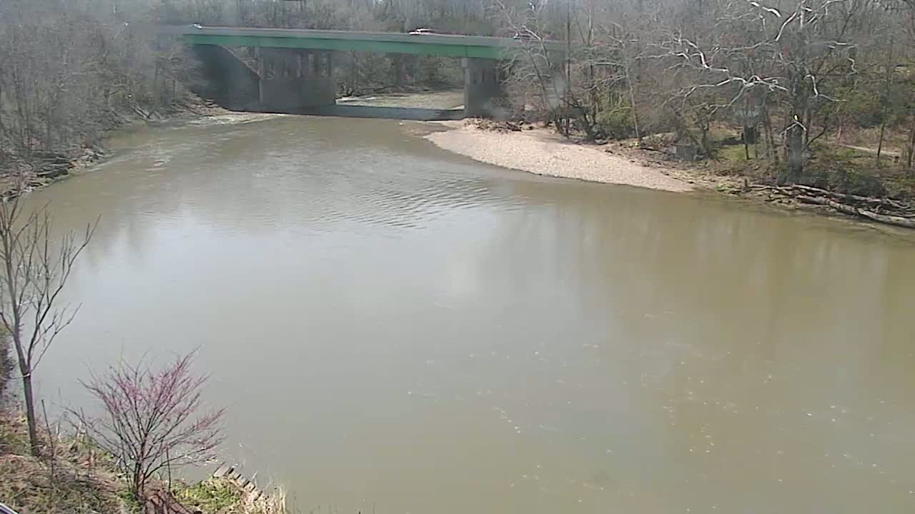 A muted-green bridge spans a wide, muddy river bordered by leafless trees under a cloudy sky.