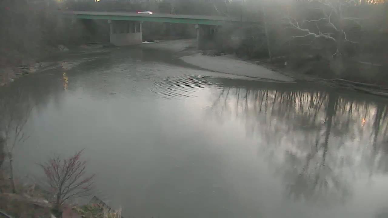 A calm, gray river reflects the bare trees lining its banks under an overcast sky, with a bridge visible in the distance.