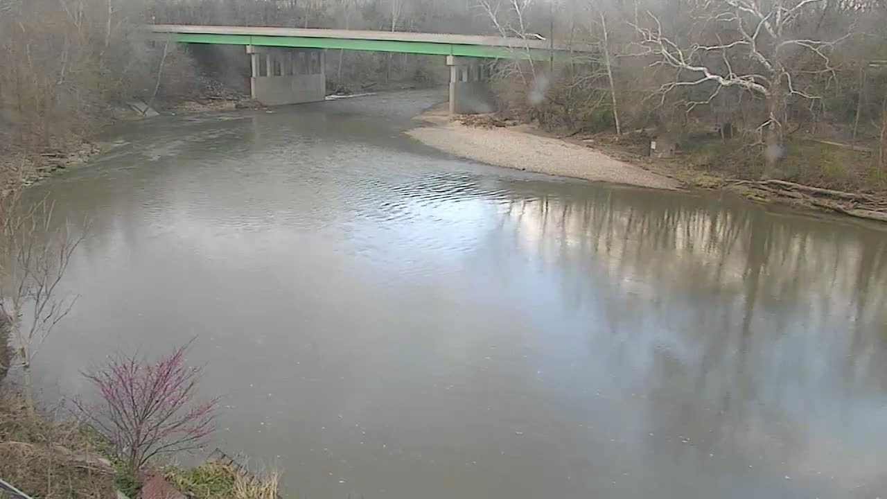 A light gray river flows under a green bridge, reflecting the bare winter trees and an overcast sky.