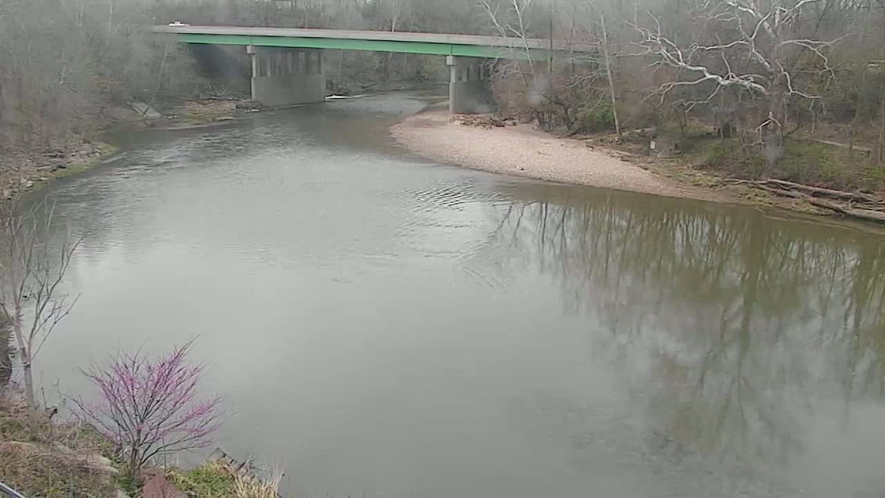 A wide, calm river reflects bare trees under an overcast sky, flowing under a bridge.