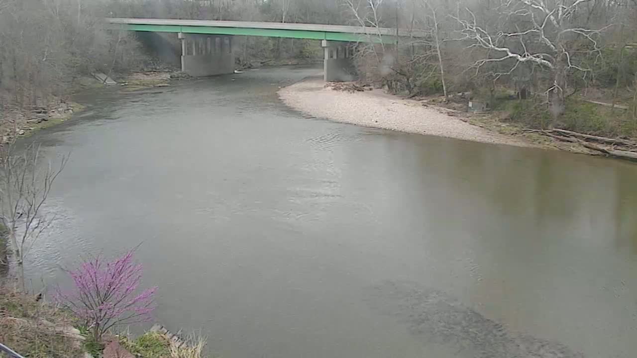 A wide, grey river flows under a green bridge on an overcast day, with bare trees lining the banks.