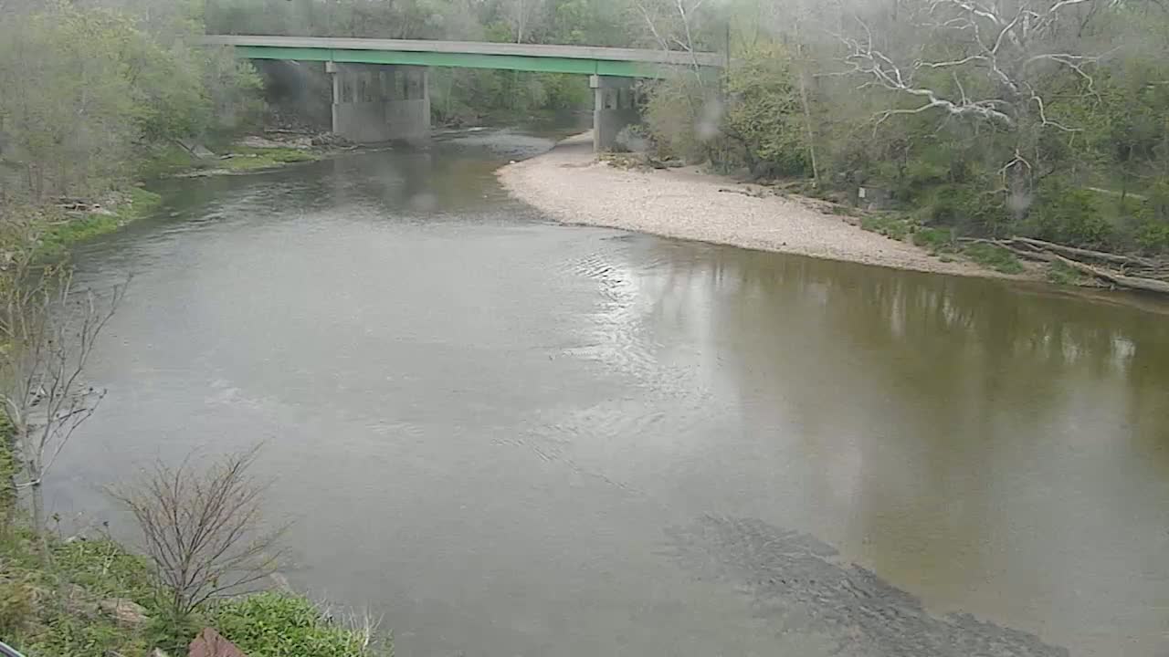 A muddy river bends under a green bridge on a rainy day, surrounded by trees and brush.