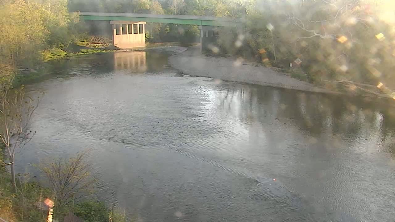 A calm river flows under a bridge on a somewhat overcast day, with trees lining the banks.