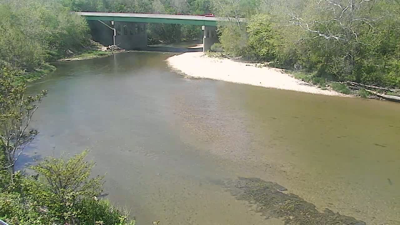 A green bridge spans a calm, shallow, light brown river bordered by lush green trees under a sunny sky.