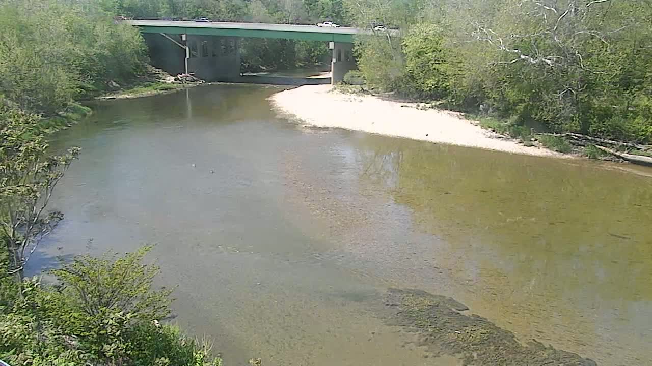A murky river flows under a bridge surrounded by lush green trees on a sunny day.