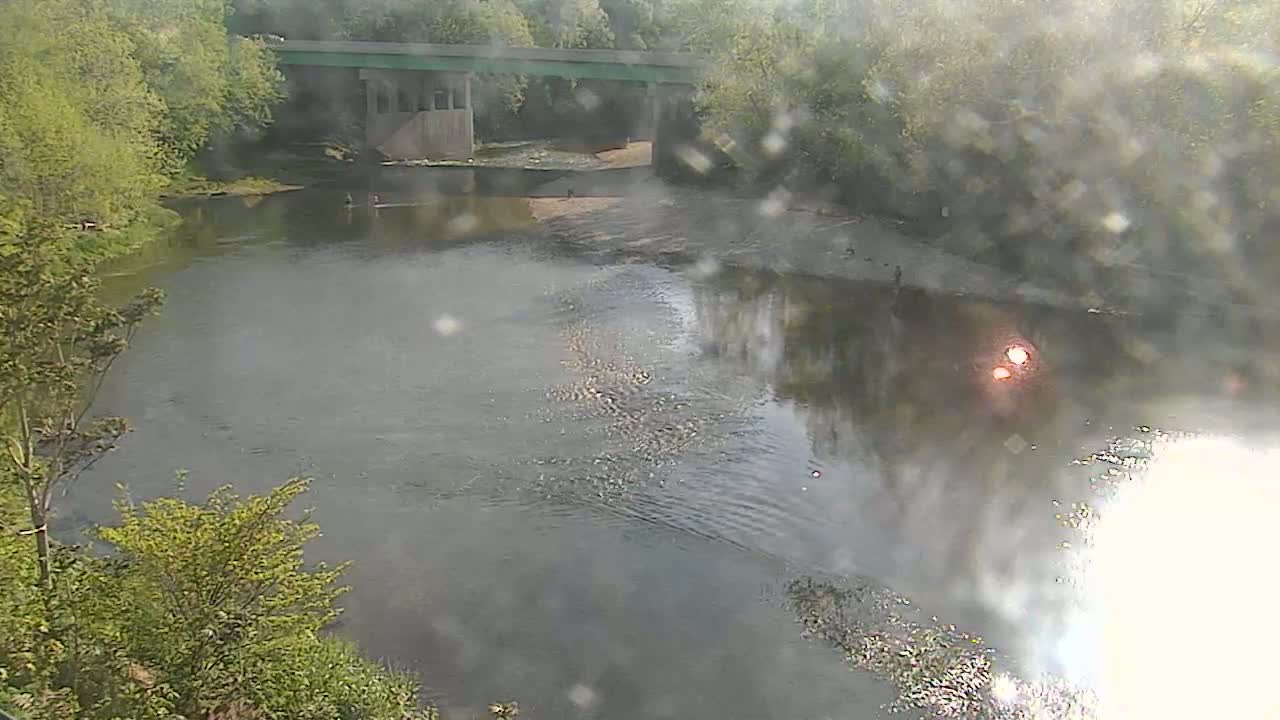 A calm river flows under a bridge, surrounded by lush green trees on a bright, somewhat hazy day.