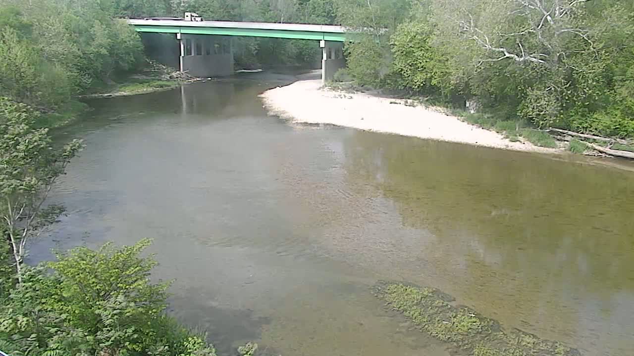 A muted green river flows under a bridge, surrounded by lush green trees on a partly sunny day.