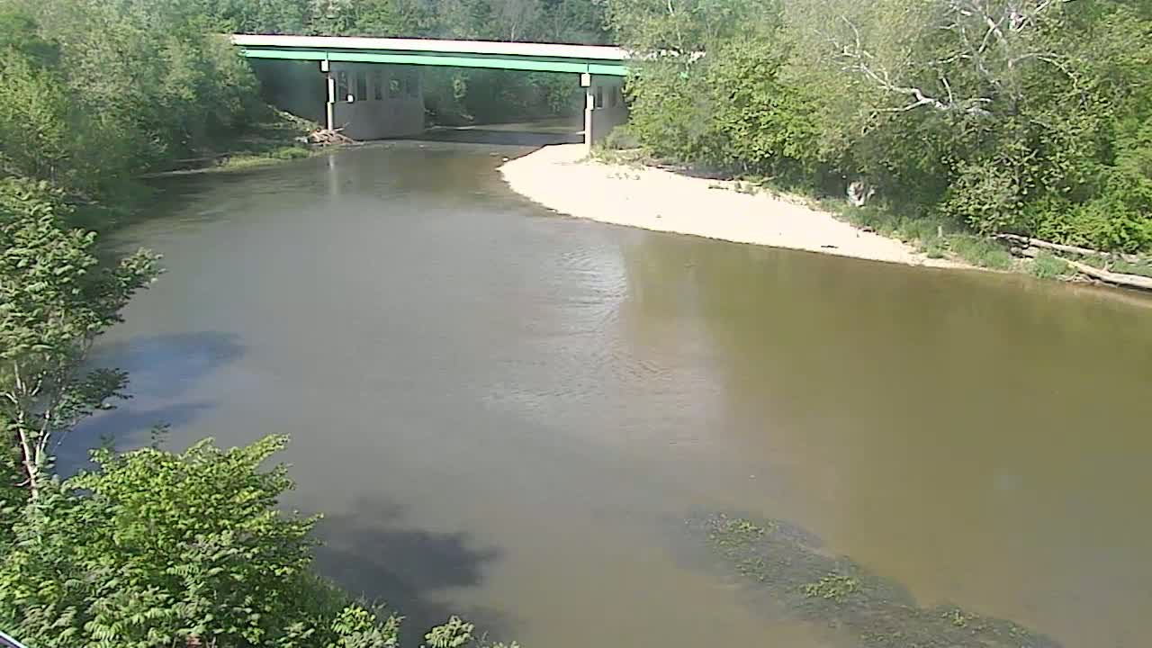 A murky river flows under a bridge surrounded by lush green trees on a sunny day.