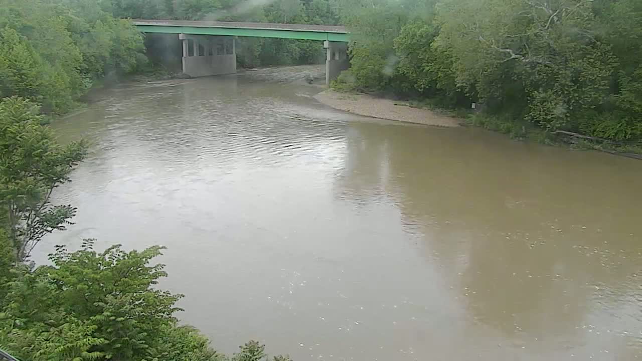 A muddy river flows under a bridge on a cloudy day, surrounded by lush green trees.