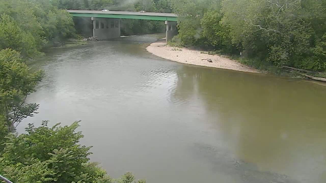 A river curves under a bridge on an overcast day, surrounded by lush green trees.