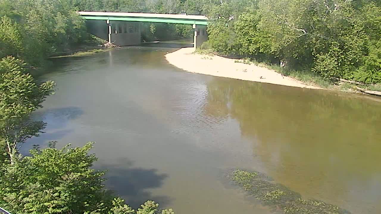 A muted green river flows under a bridge surrounded by lush green trees on a sunny day.