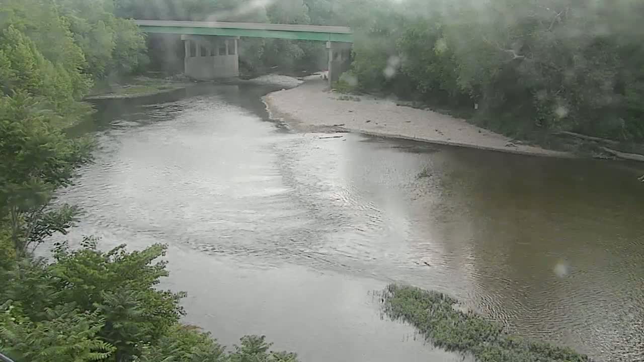 A river flows under a bridge on a rainy day, surrounded by lush green trees.