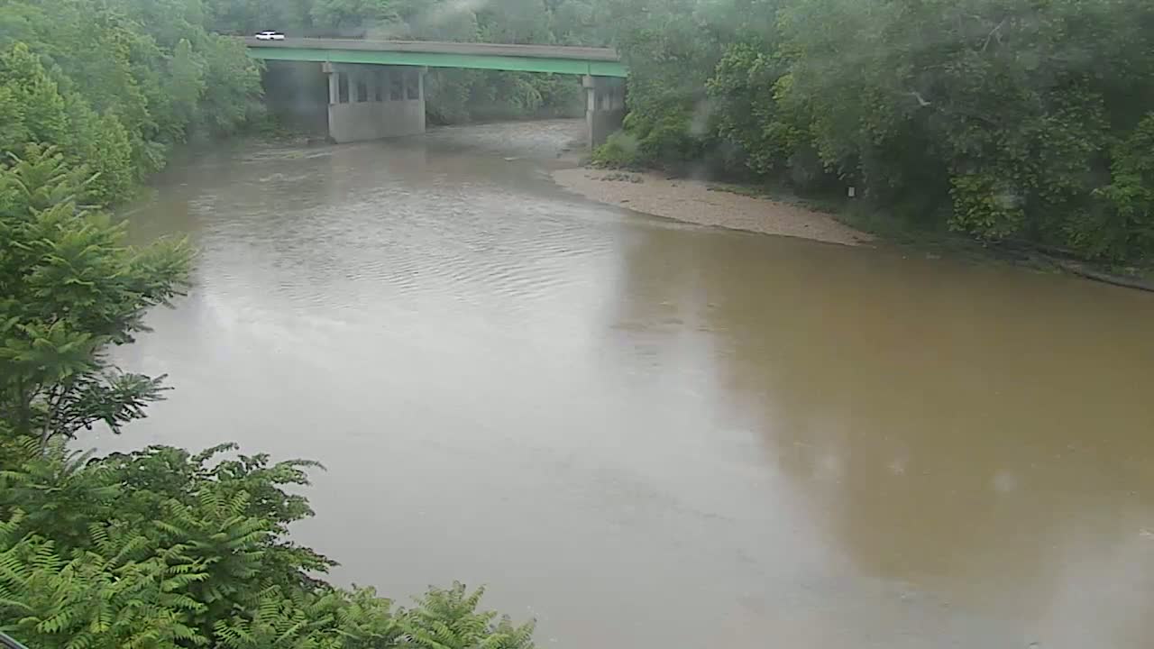 A muddy river flows under a green bridge in rainy weather, bordered by lush green trees.