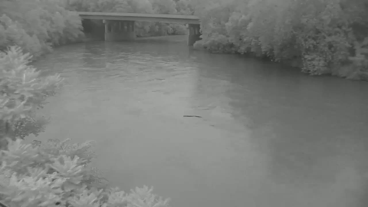 A calm, gray river flows under a bridge, surrounded by lush, tree-lined banks.