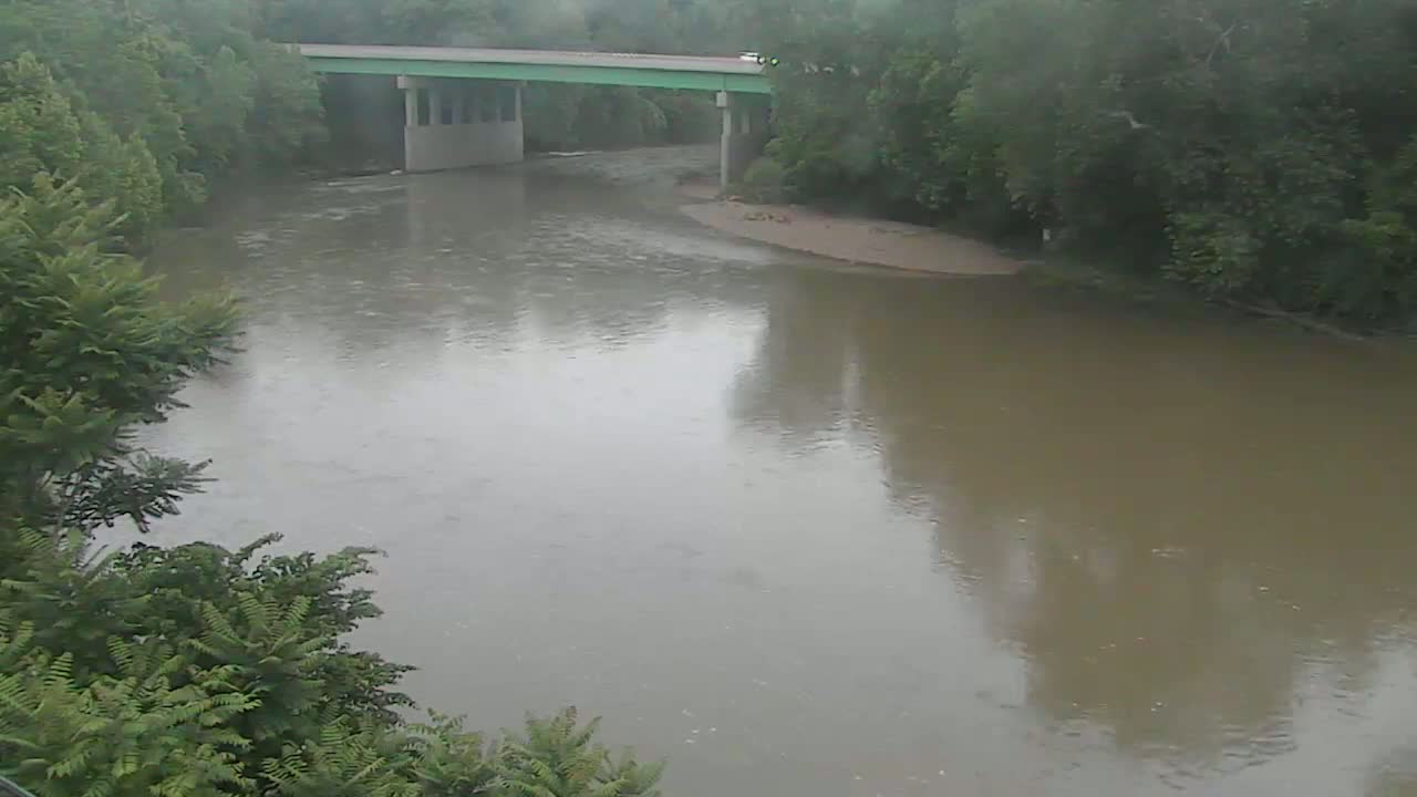 A murky river flows under a bridge during a light rain, surrounded by lush green trees.