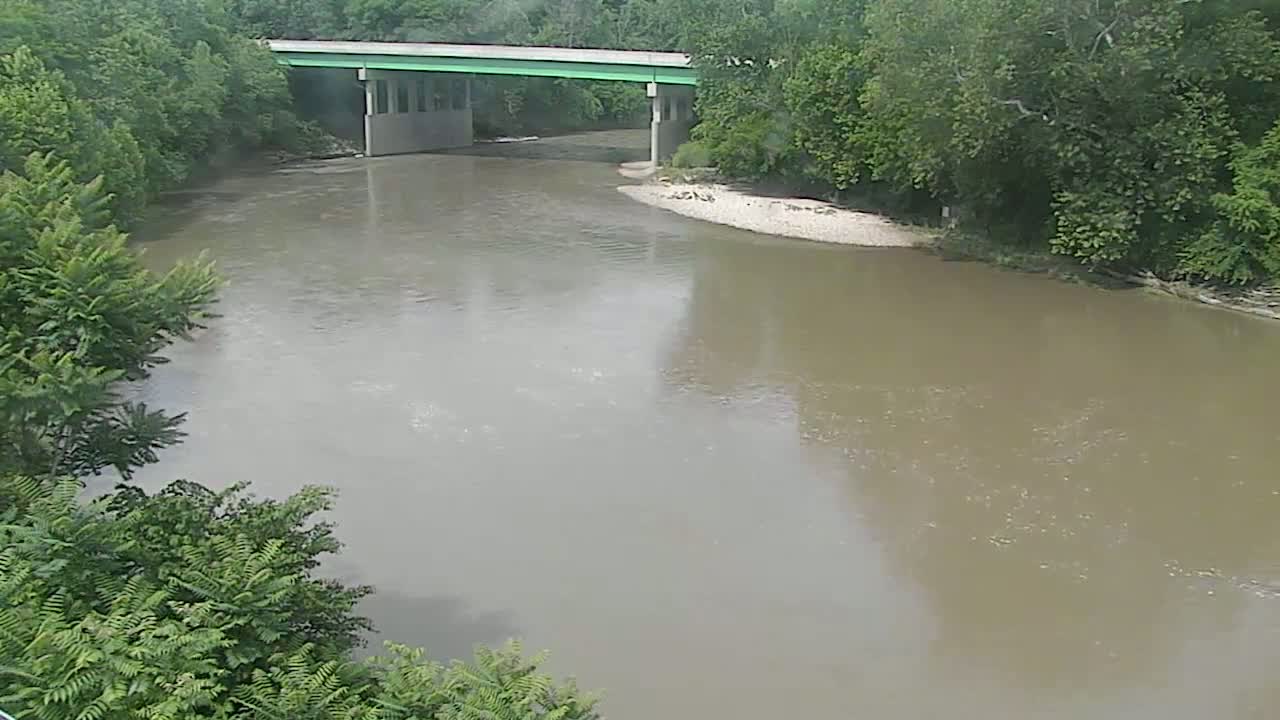 A murky river flows under a bridge surrounded by lush green trees on a seemingly cloudy day.