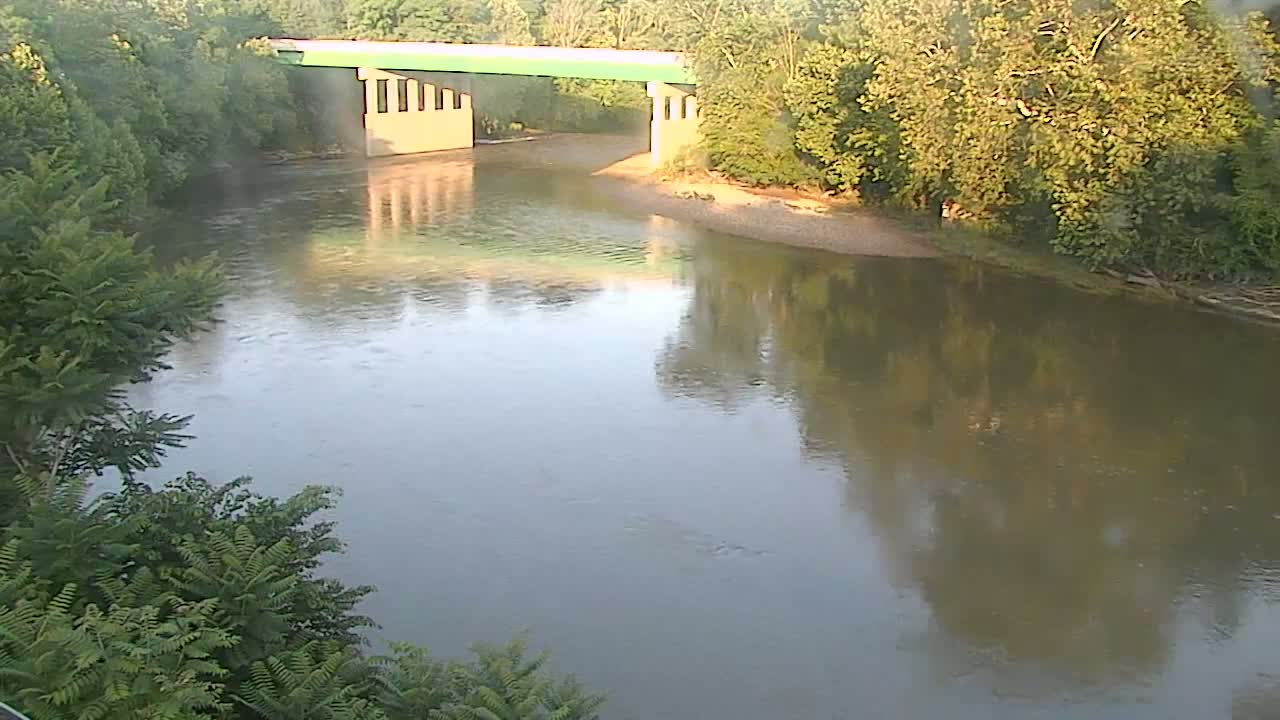 A calm river reflects the surrounding green trees and a light-tan bridge under a mostly clear sky.