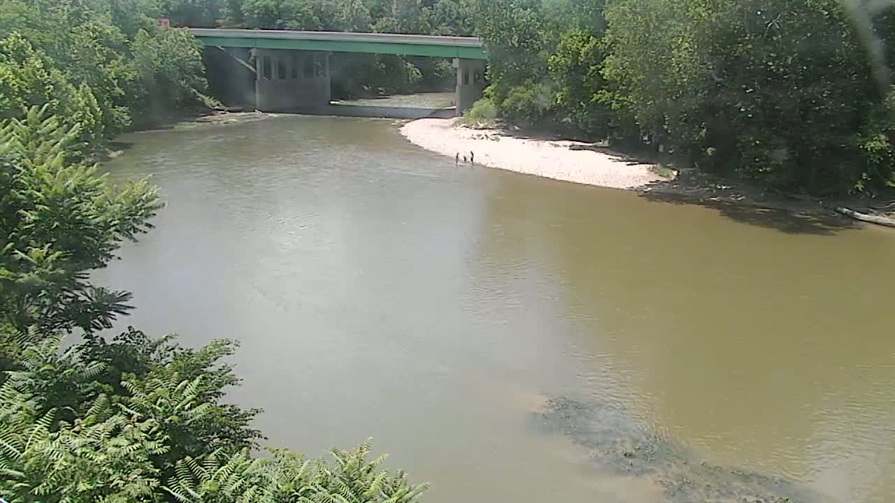 A murky brown river flows under a bridge, with a small sandy bank and several people visible near the shore, surrounded by lush green trees under a sunny sky.