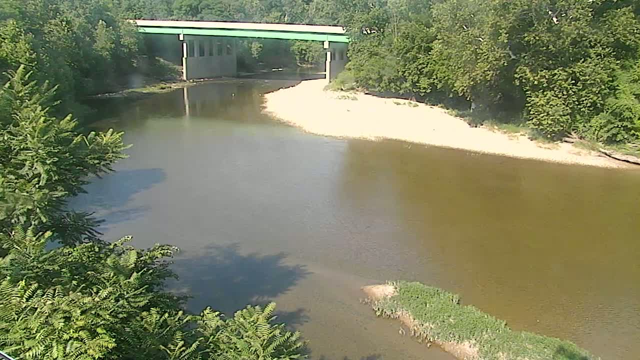 A river flows under a bridge surrounded by lush green trees on a sunny day.
