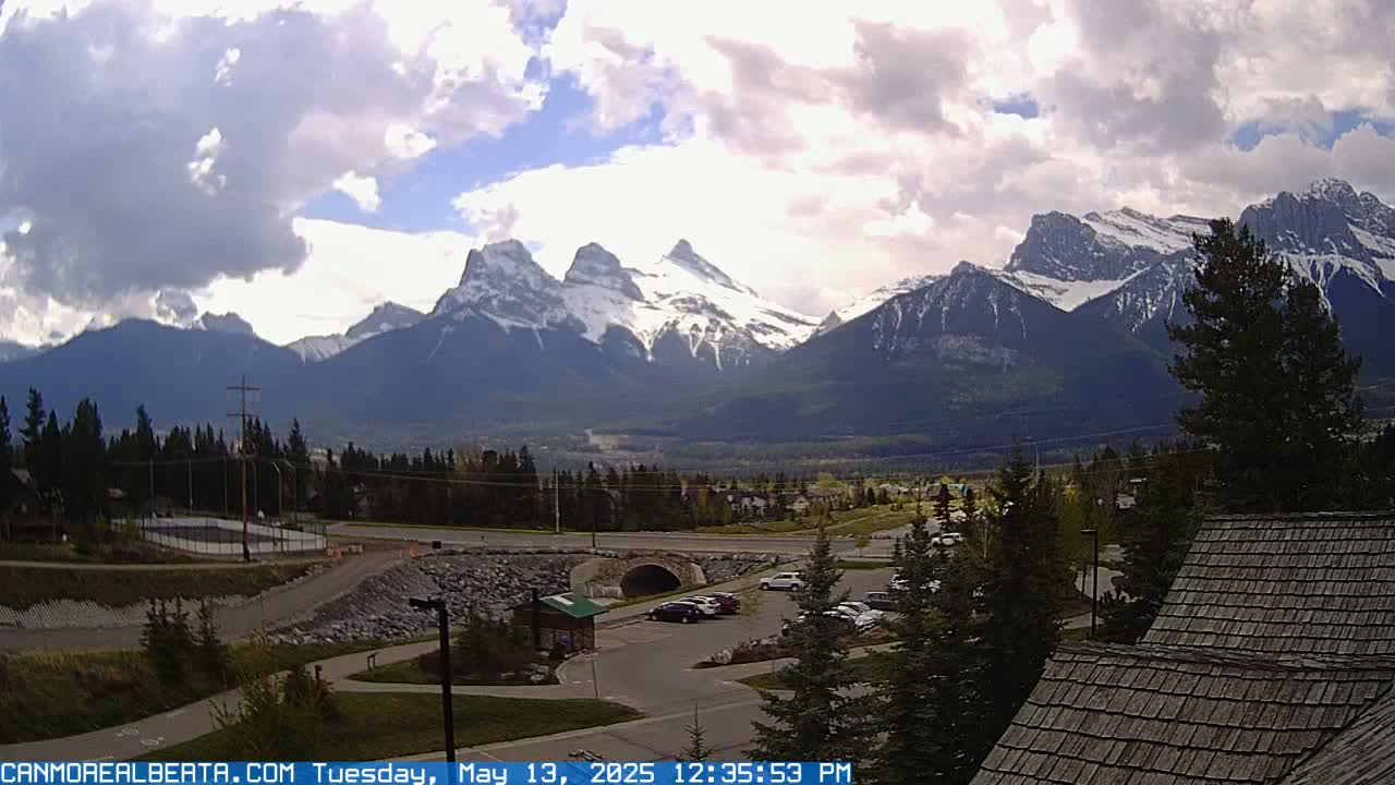 Canmore, Three Sisters Mountains View from Canmore City Live Cam - Canmore, Alberta's Rockies, Alberta, Canada
