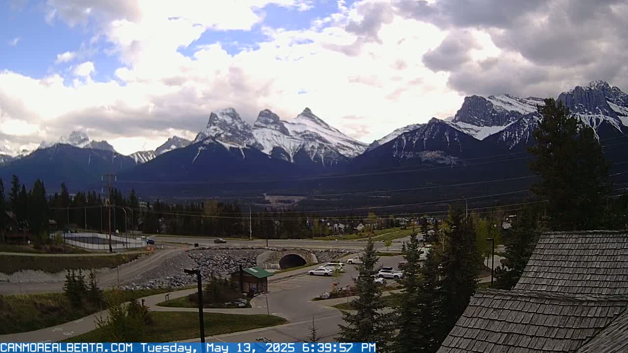Canmore, Three Sisters Mountains View from Canmore City Live Cam - Canmore, Alberta's Rockies, Alberta, Canada