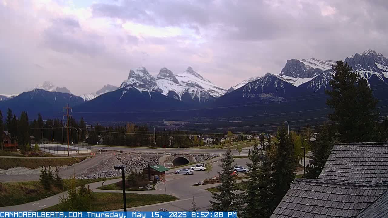 Canmore, Three Sisters Mountains View from Canmore City Live Cam - Canmore, Alberta's Rockies, Alberta, Canada