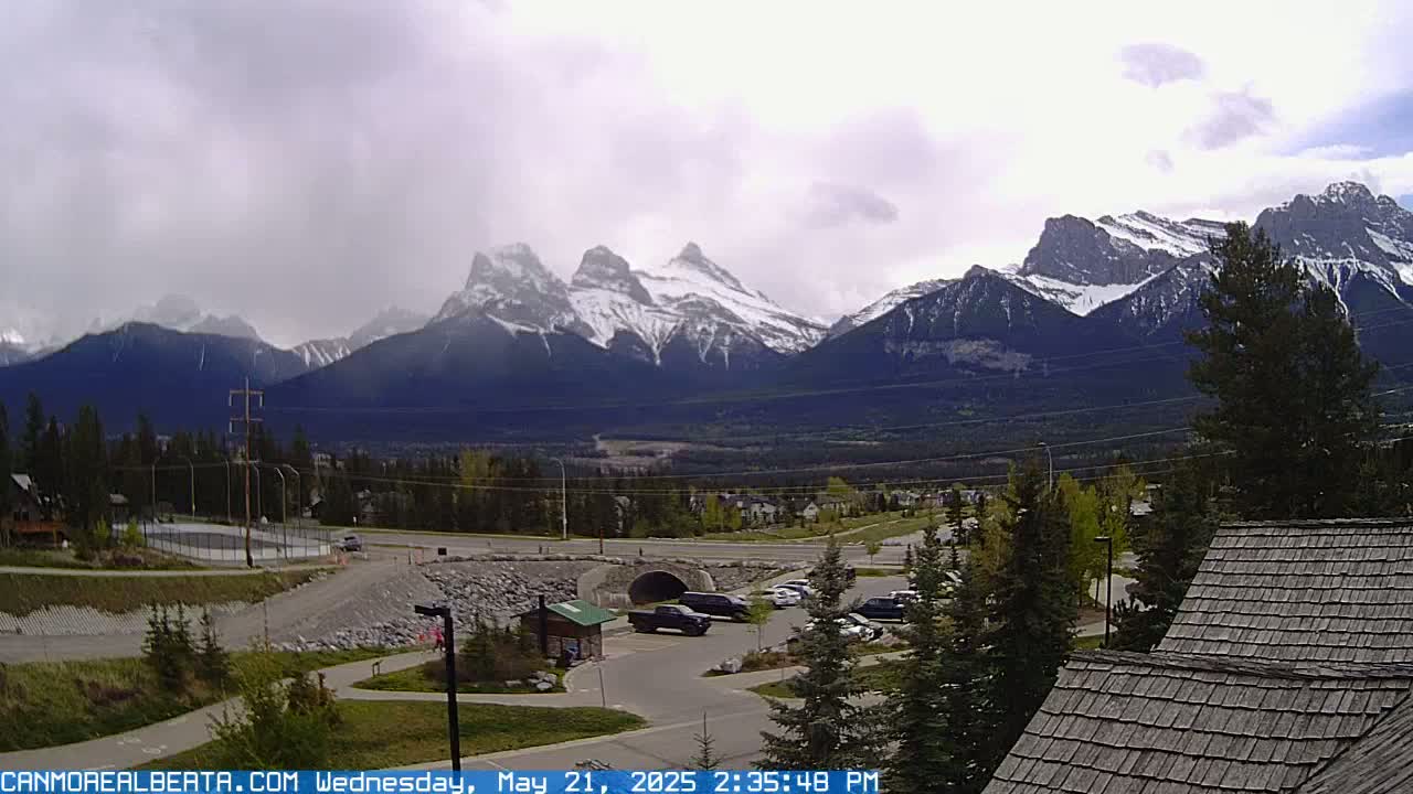A mountain range with snow-capped peaks is visible in the distance under an overcast sky, with a parking lot, some buildings, and trees in the foreground.