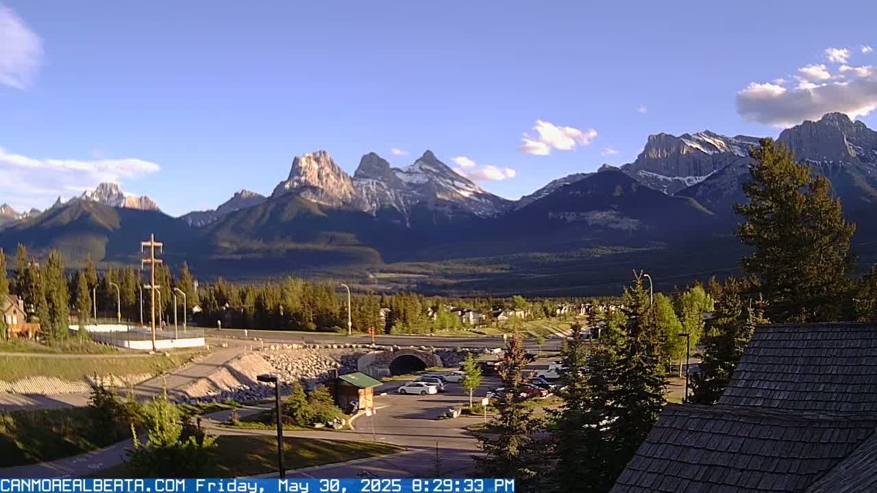 A partially cloudy, late afternoon view of a town nestled at the base of a large, snow-capped mountain range.