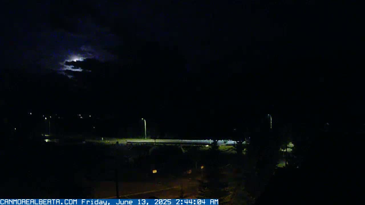 A nighttime, overcast scene shows a road with dimly lit streetlights and some vegetation, under a partly cloudy sky with a bright area possibly indicating a moon or lightning.