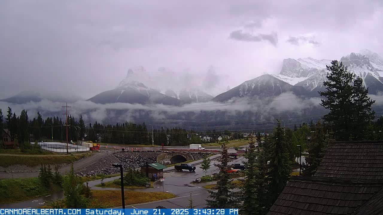 Canmore, Three Sisters Mountains View from Canmore City Live Cam - Canmore, Alberta's Rockies, Alberta, Canada