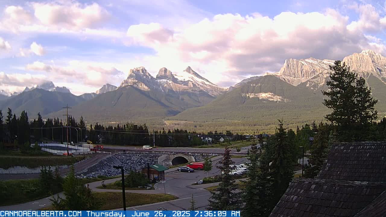 Canmore, Three Sisters Mountains View from Canmore City Live Cam - Canmore, Alberta's Rockies, Alberta, Canada