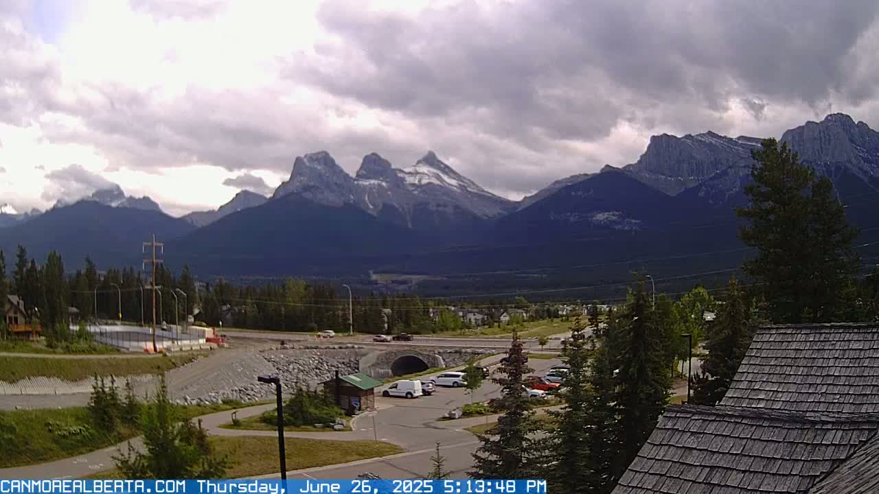 Canmore, Three Sisters Mountains View from Canmore City Live Cam - Canmore, Alberta's Rockies, Alberta, Canada