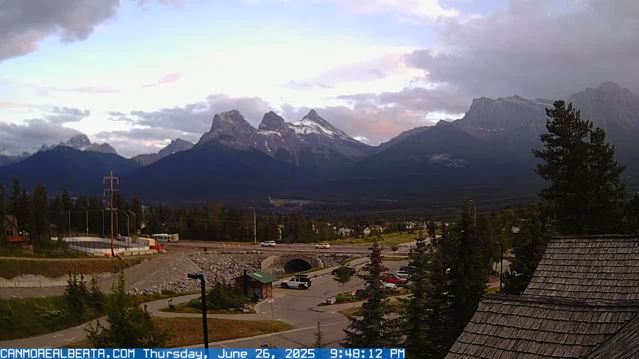 Canmore, Three Sisters Mountains View from Canmore City Live Cam - Canmore, Alberta's Rockies, Alberta, Canada