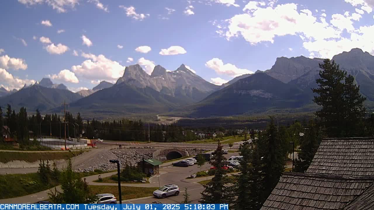 Canmore, Three Sisters Mountains View from Canmore City Live Cam - Canmore, Alberta's Rockies, Alberta, Canada