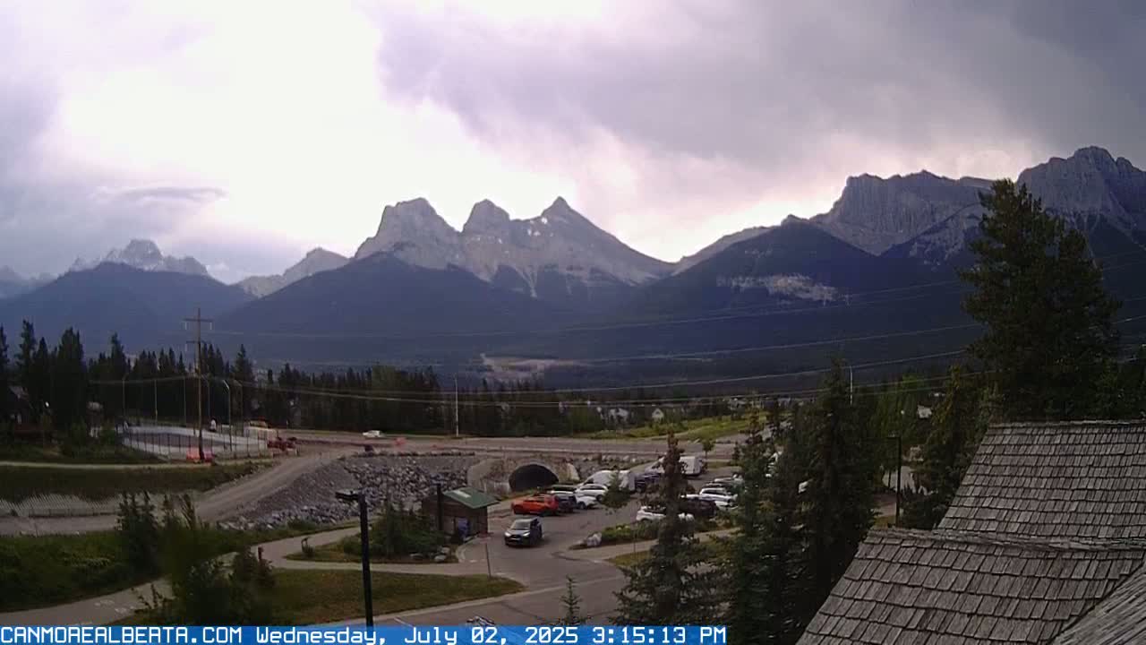 Canmore, Three Sisters Mountains View from Canmore City Live Cam - Canmore, Alberta's Rockies, Alberta, Canada
