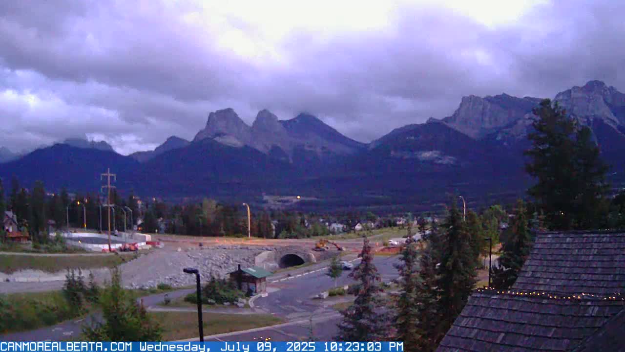 Canmore, Three Sisters Mountains View from Canmore City Live Cam - Canmore, Alberta's Rockies, Alberta, Canada