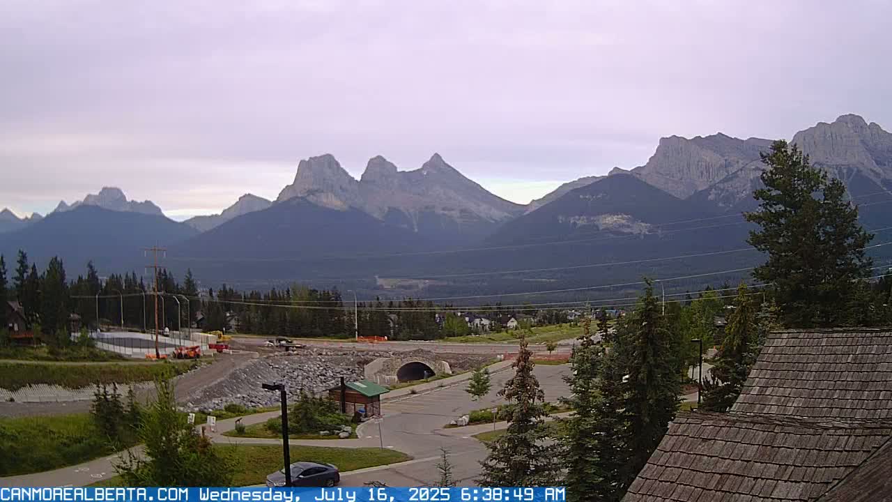 Canmore, Three Sisters Mountains View from Canmore City Live Cam - Canmore, Alberta's Rockies, Alberta, Canada