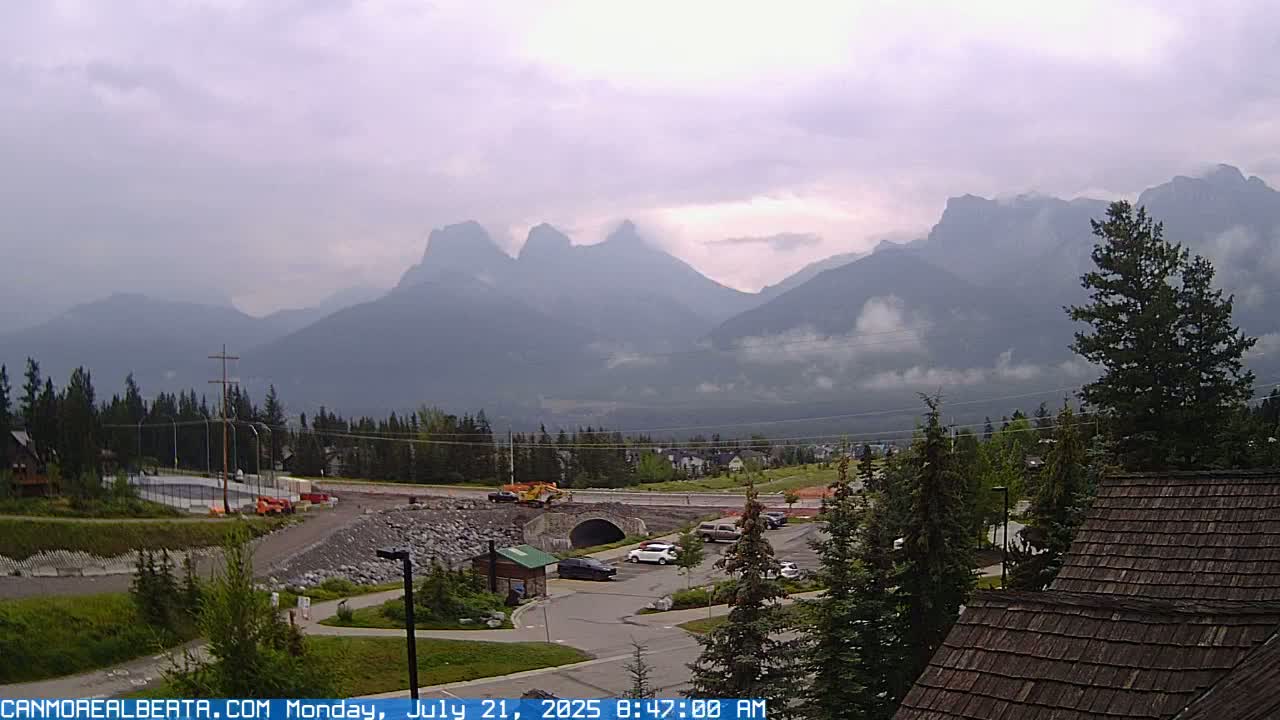 Canmore, Three Sisters Mountains View from Canmore City Live Cam - Canmore, Alberta's Rockies, Alberta, Canada