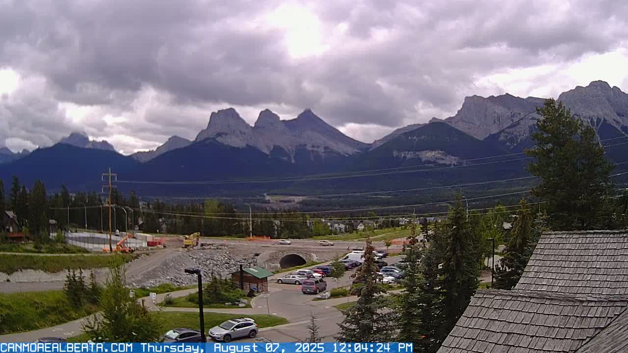 A partly cloudy day reveals a mountain range in the distance, with a parking lot, some construction, and a building in the foreground.