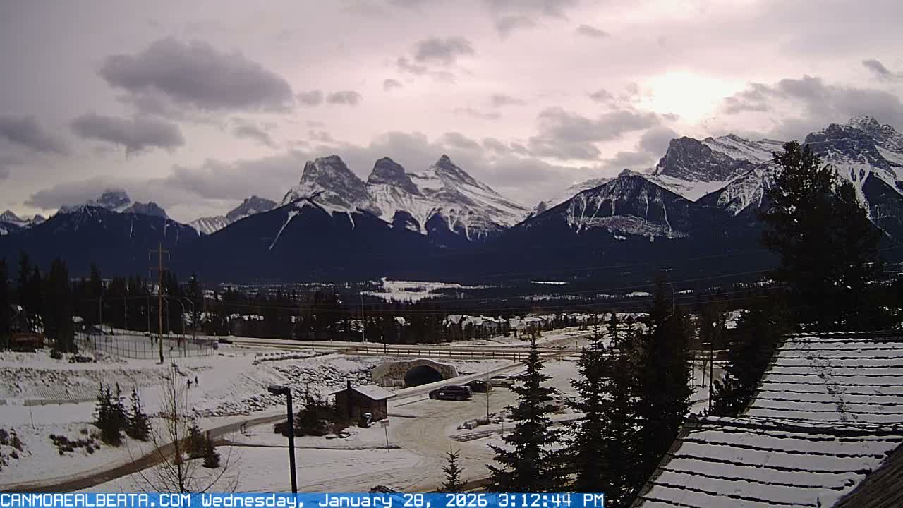 Canmore, Three Sisters Mountains View from Canmore City Live Cam - Canmore, Alberta's Rockies, Alberta, Canada