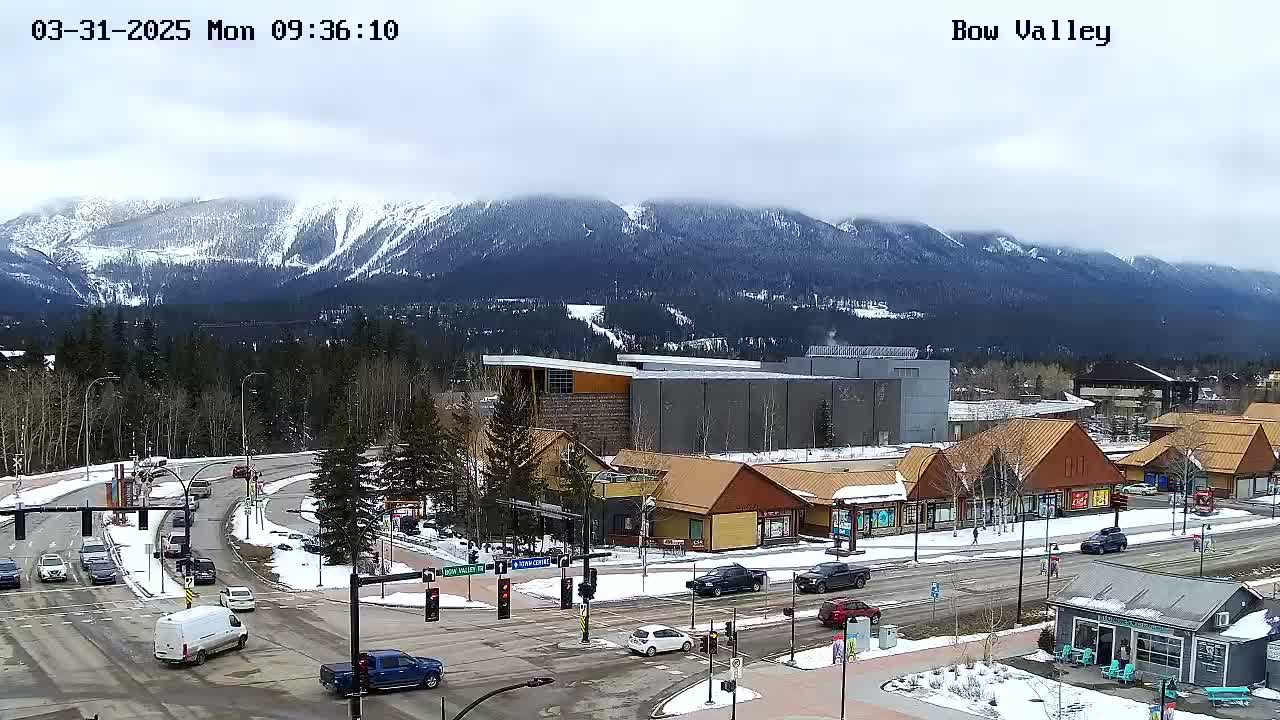 A snowy mountain range is visible in the distance behind a town with buildings and cars, under an overcast sky.