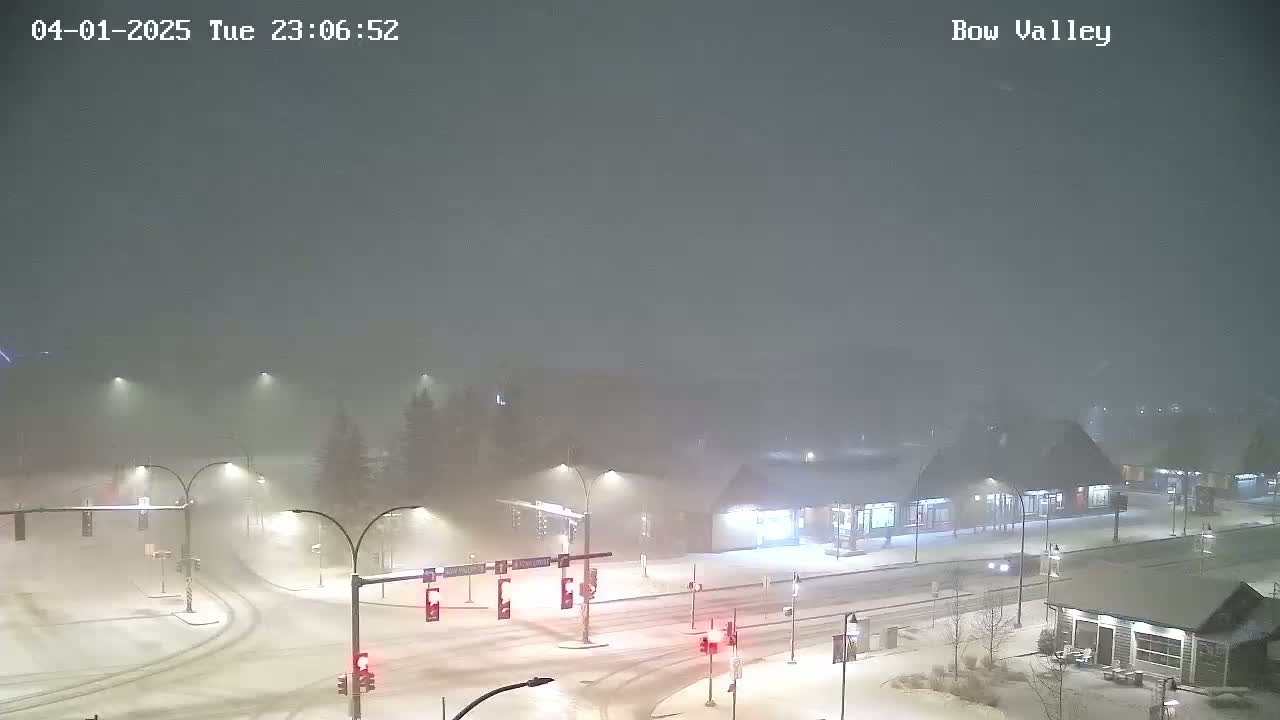A snow-covered intersection with streetlights and buildings is visible in heavy snowfall at night.