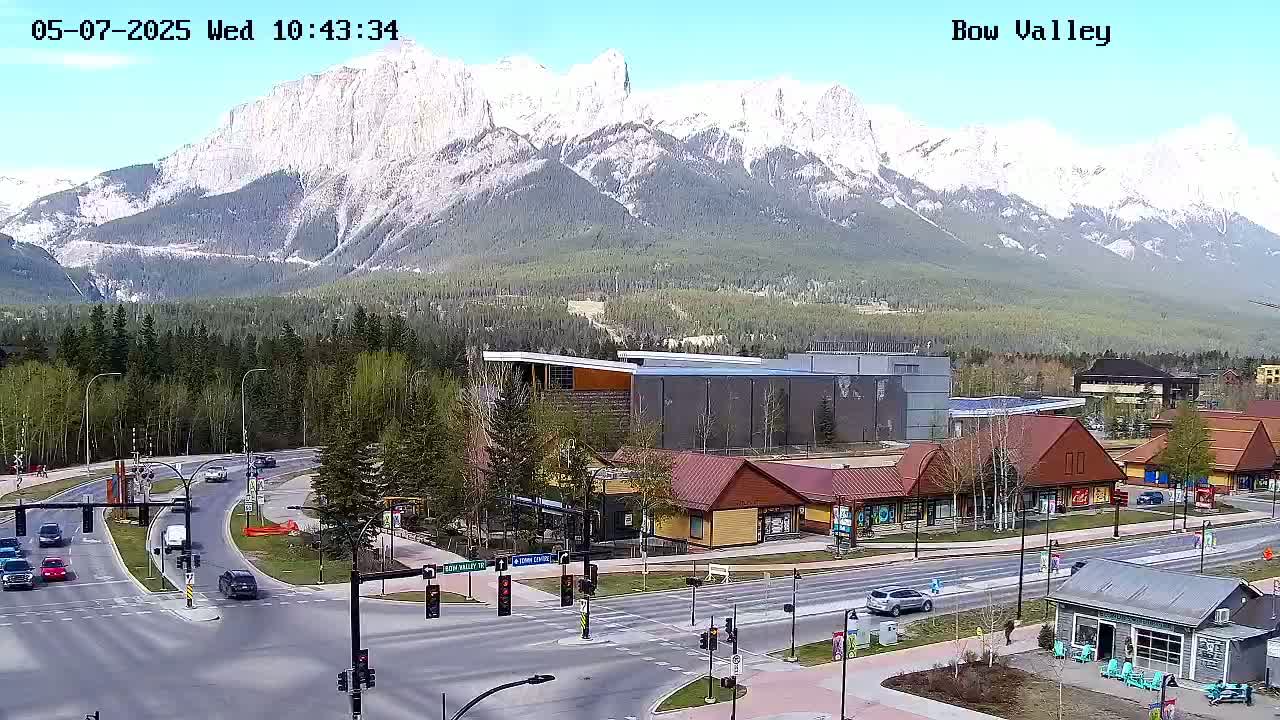 A mountain range capped with snow is visible in the background of a sunny day scene showing a roadway intersection with several buildings, vehicles, and pedestrians.