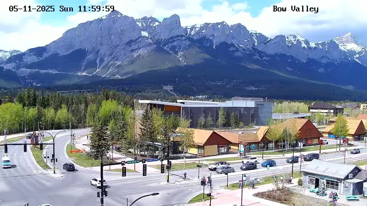 A partly sunny day shows a mountain range behind a town with roads, buildings, and cars.