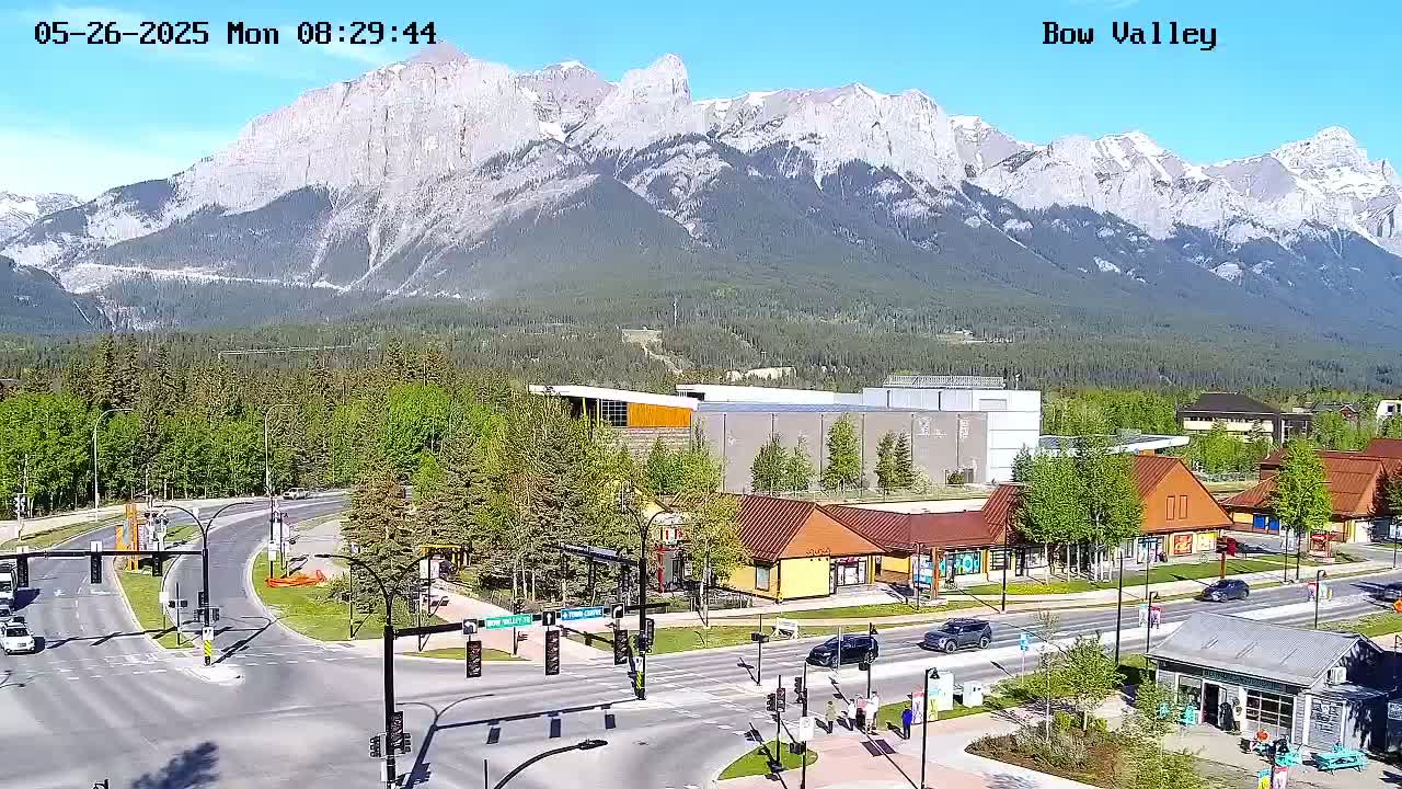 A sunny day reveals a mountain range in the background overlooking a town with several buildings, roadways, and pedestrian walkways.
