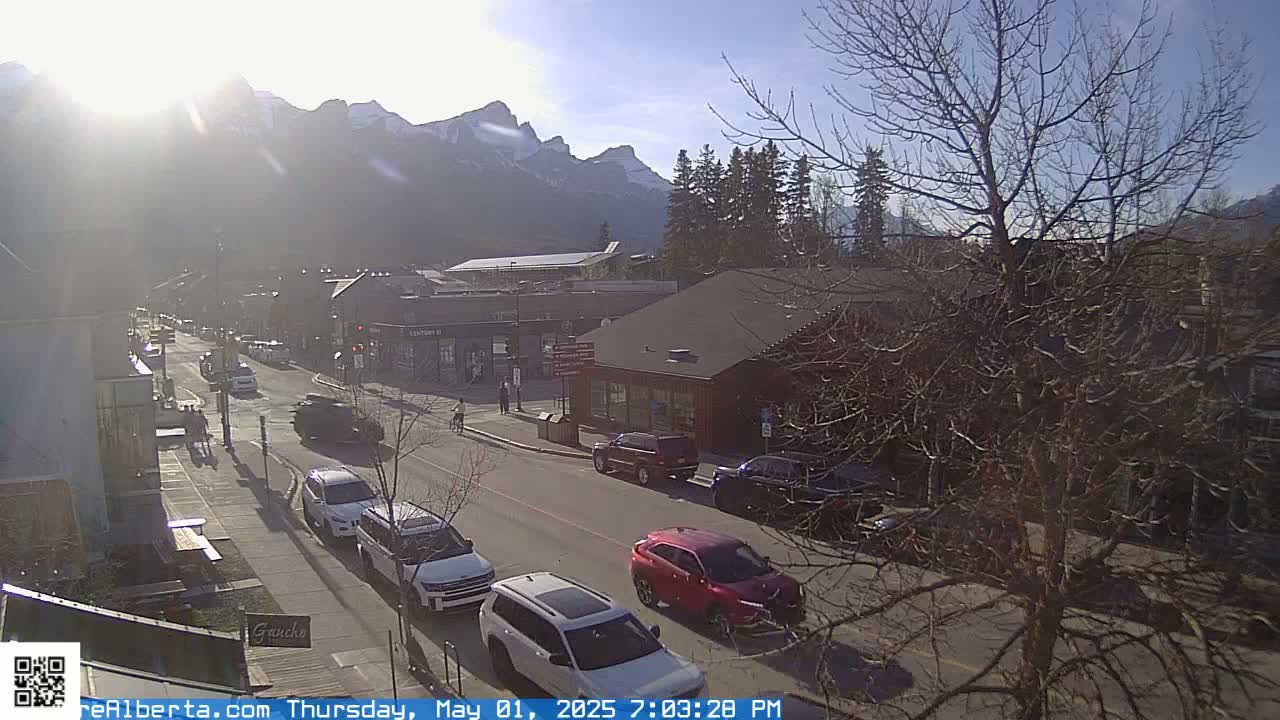 A sunny street scene shows several cars parked and driving on a road lined with buildings and trees, with mountains in the background.