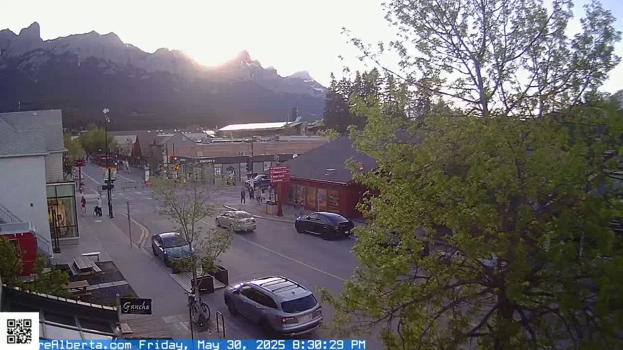 A partly sunny evening scene shows a mountain range in the background, with a street and parked cars in the foreground, and several pedestrians on the sidewalk.