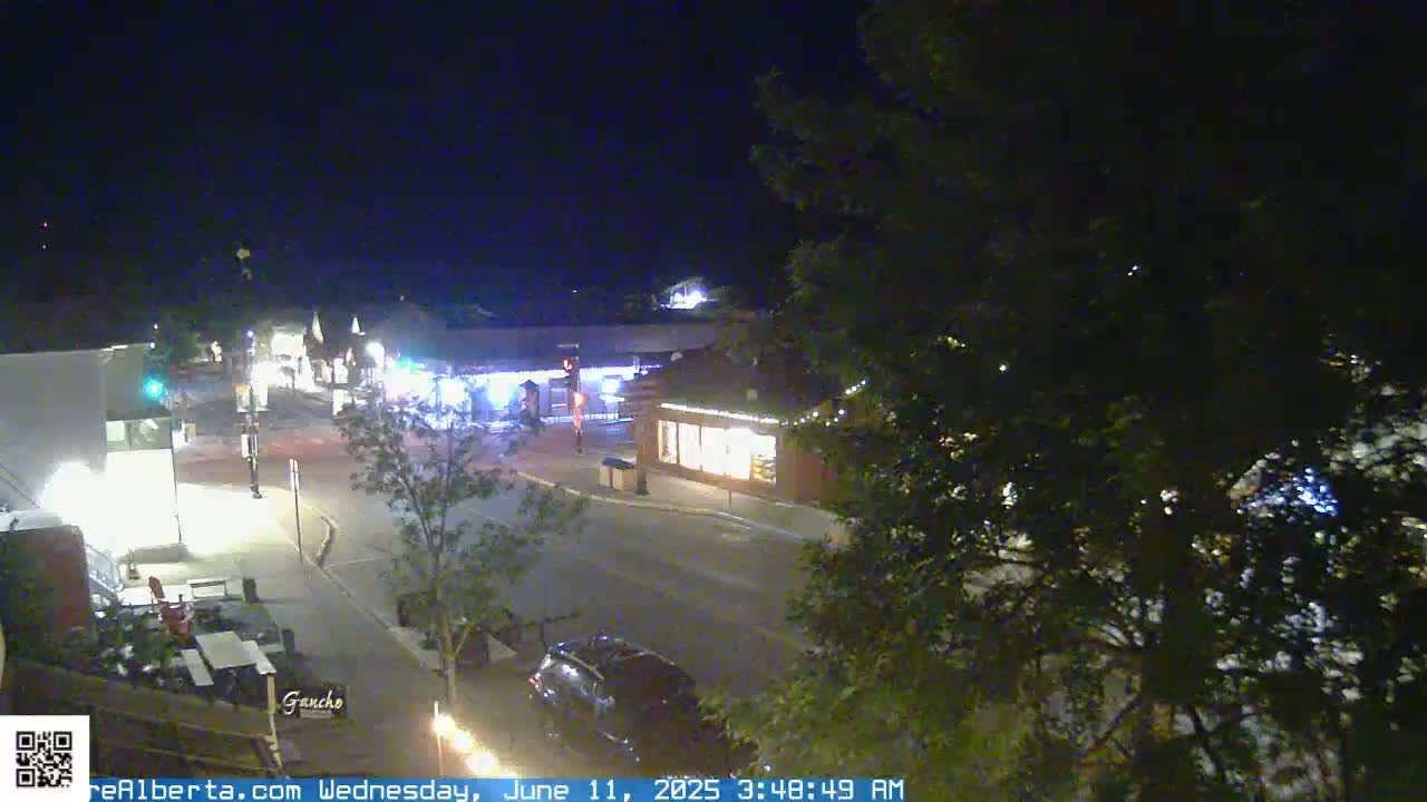 A nighttime, overhead view of a mostly empty street intersection in a town, with some buildings and vehicles visible under a clear sky.