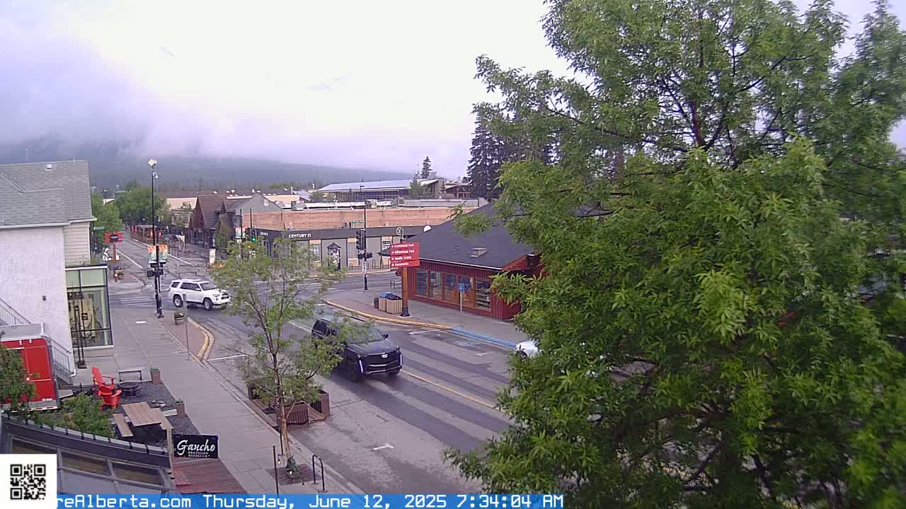 A partly cloudy day reveals a street scene in a town with several cars driving, buildings lining the street, and lush green trees partially obscuring the view.